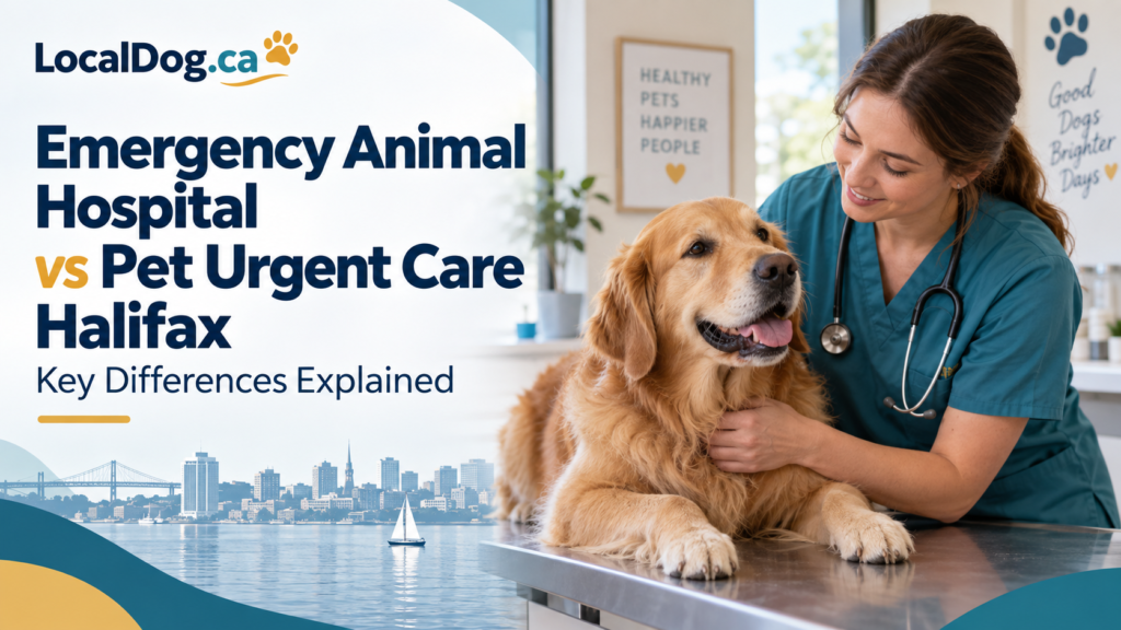 LocalDog.ca article cover showing a veterinarian examining a golden retriever, with a Halifax skyline and the title “Emergency Animal Hospital vs Pet Urgent Care Halifax.”