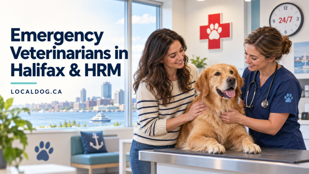 Emergency veterinarian examining a golden retriever at a veterinary hospital in Halifax, Nova Scotia.